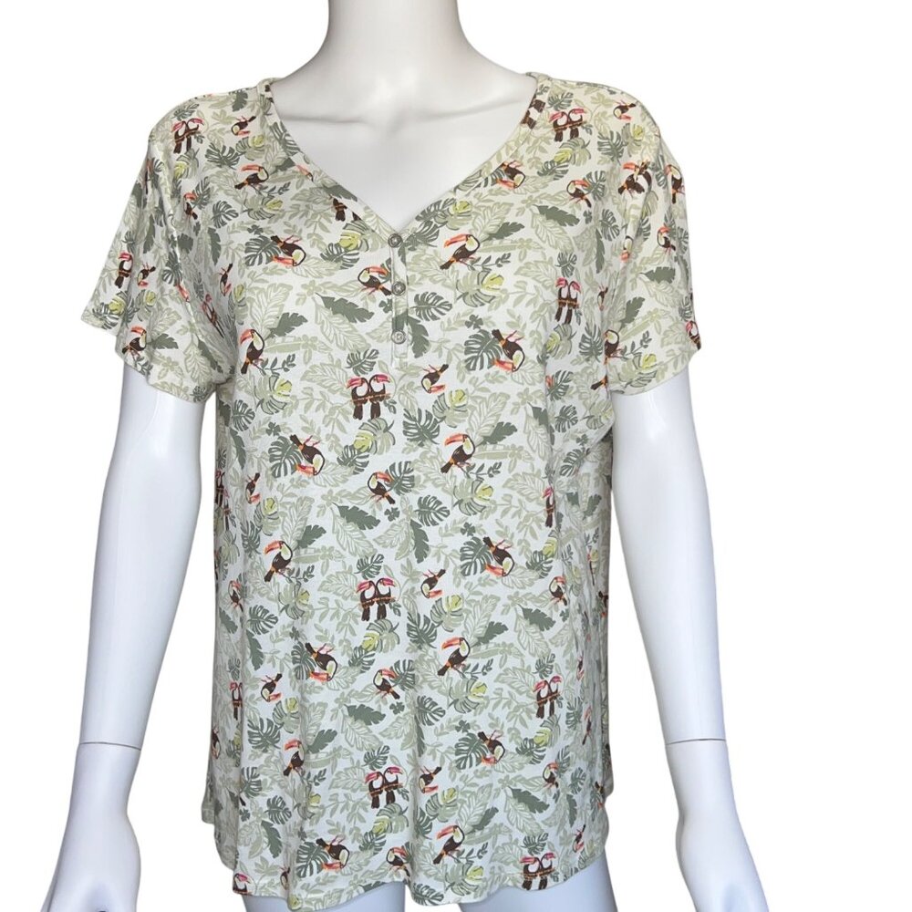 Croft & Barrow Button Front Top Women’s XL White Toucan Print V-Neck Cotton